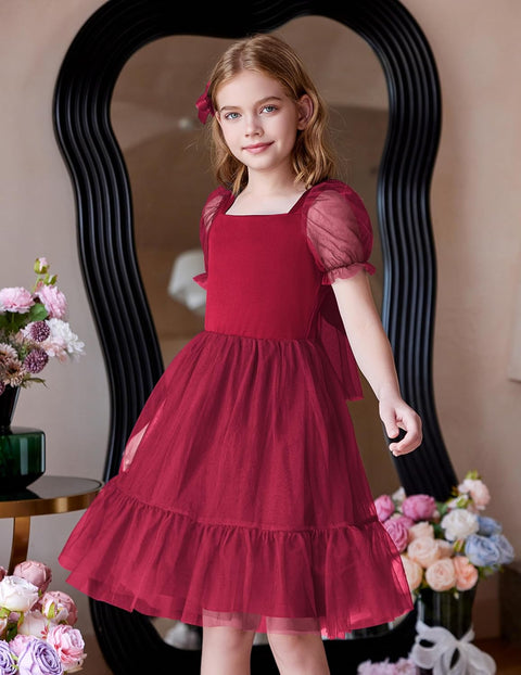 【6-16Y】Arshiner Girls Dresses Tulle Bow Tie Back Puff Sleeve Dress