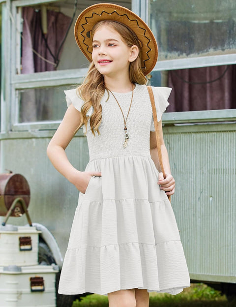 Arshiner Girls Dress Ruffle Sleeve Smocked Tiered Sundress