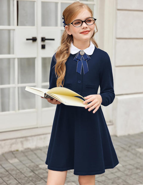 Arshiner Girls Sweater Dress Long Sleeve Button Knit Dresses
