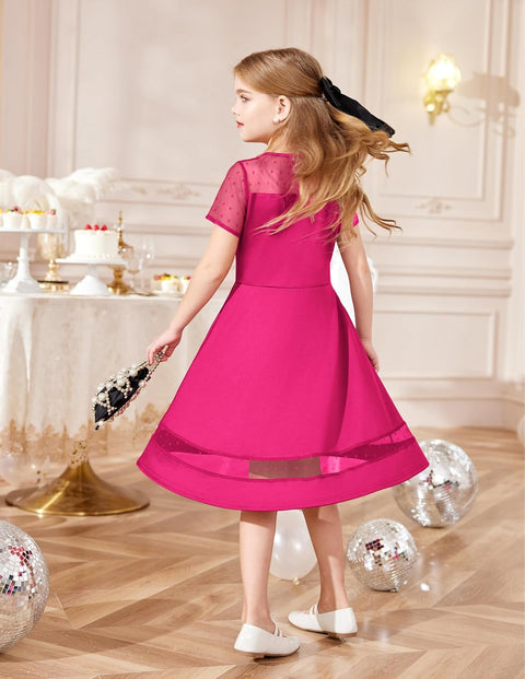 Arshiner Tween Girls Dress Formal Contrast Mesh Short Sleeve A Line Party Dresses