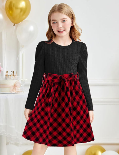 Arshiner Girls Dresses Puff Long Sleeve Rib Knit Plaid Belted Dress