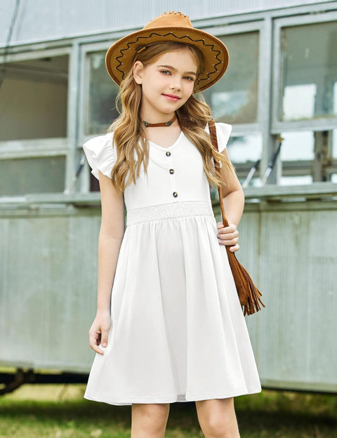 Arshiner Girls Dresses Ruffle Sleeve A-Line V-Neck Sundress