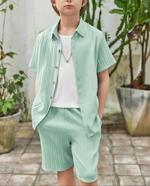 [5Y-12Y] Arshiner Boy's Textured Button Up Shirt and Shorts Set