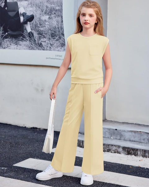 【6-14Y】Arshiner Girls 2 Piece Sets Drop Shoulder Sleeve Top and Wide Leg Pants