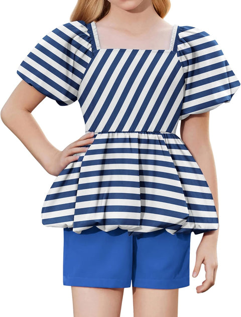 Arshiner Girls 2 Piece Sets Puffed Sleeve Bubble Hem Tops and Short Set