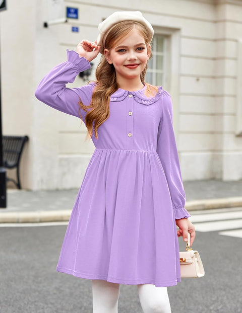 Arshiner Girls Long Sleeve Dress Ruffle Cotton Dresses
