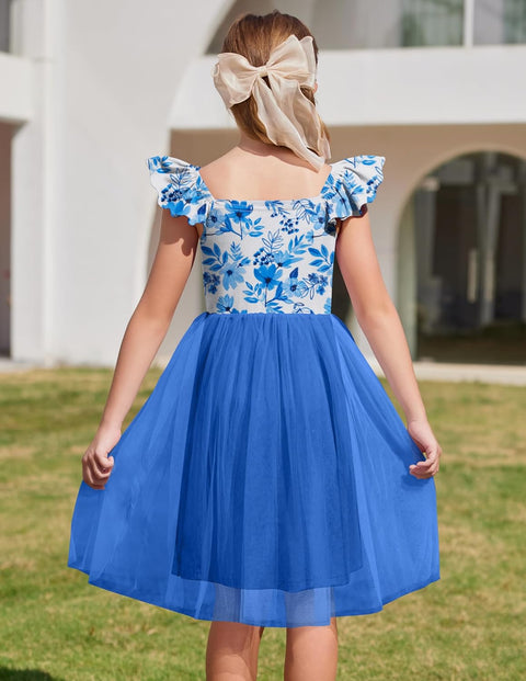 Arshiner Girls Dresses Square Neck Ruffle Sleeve Tulle Dress 6-14 Years