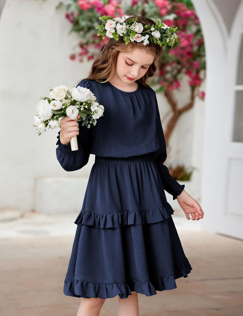 Arshiner Girls Long Sleeve Dress Boho Tiered Ruffle Hem Smocked Waist Midi Dress