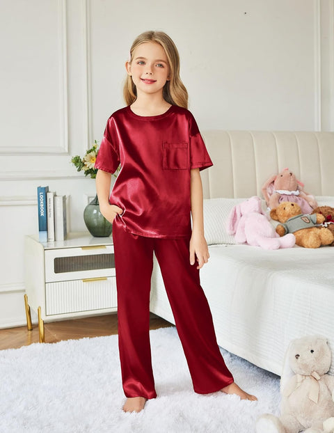 Arshiner Girls' Pajama Sets Satin Soft Silk Pjs Lounge Set Sleepwear