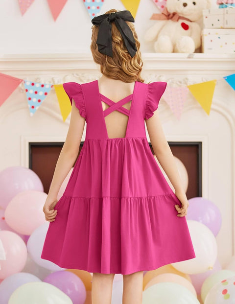 【2-8Y】Arshiner Toddler Dress Girls Backless Tiered Dresses with Pockets
