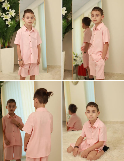 [5Y-12Y] Arshiner Boy's Textured Button Up Shirt and Shorts Set