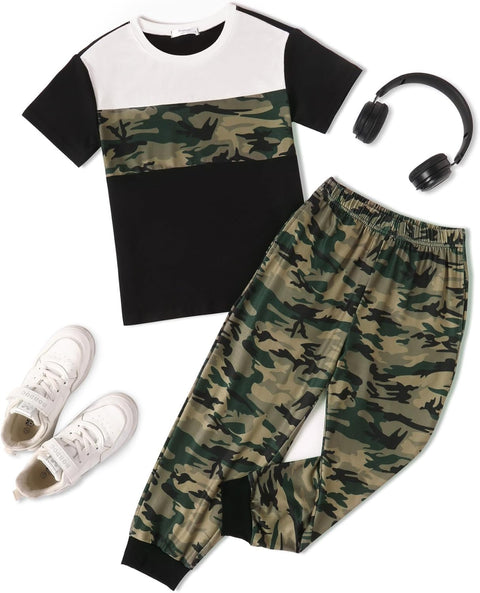 Arshiner Boy's Pants Set - 2 Piece ColorBlock T-Shirt and Pants