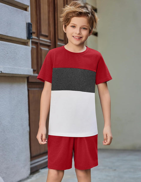 Arshiner Boys' 2-Piece Cotton Outfit Color Block T-Shirt and Shorts Set