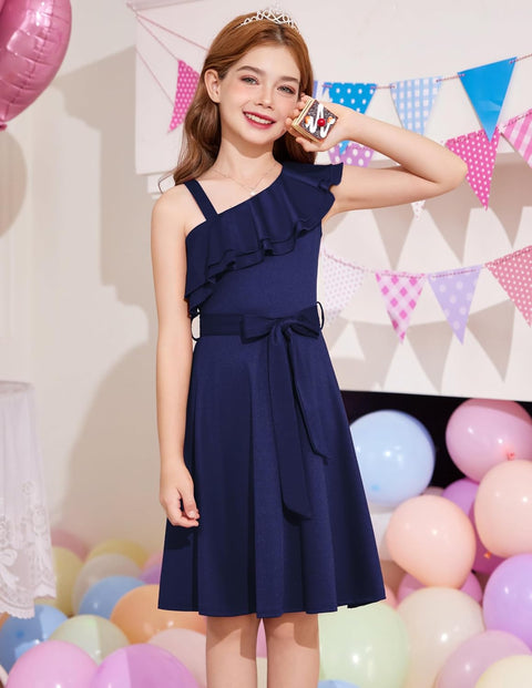 [5Y-12Y] Arshiner Girls Dress One Shoulder Formal Ruffle Trim Party Dresses