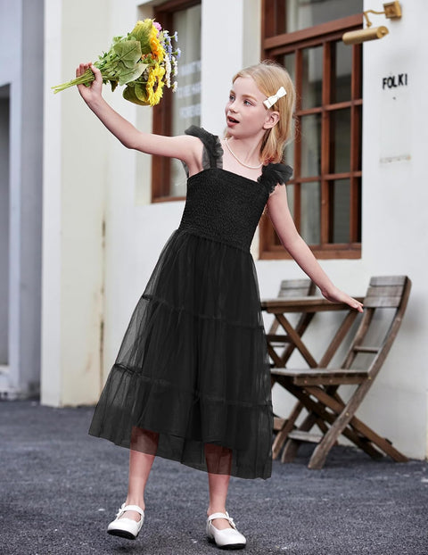 Arshiner Tween Girls Dress Ruffle Sleeve Elastic Straps Smocked Tulle Sundress