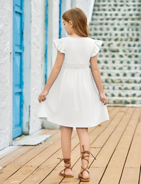 Arshiner Girls Dresses Ruffle Sleeve A-Line V-Neck Sundress