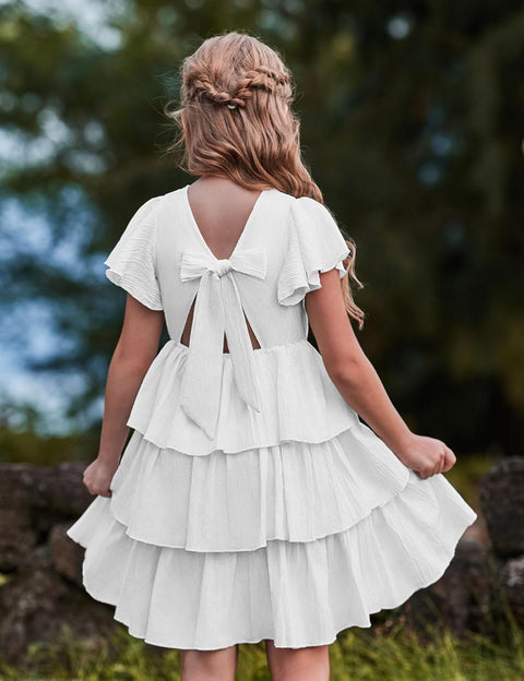 Arshiner Girls Dresses Elegant Ruffle Short Sleeve Back Tie Tiered Dresses