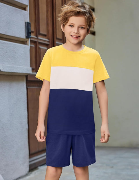 Arshiner Boys' 2-Piece Cotton Outfit Color Block T-Shirt and Shorts Set