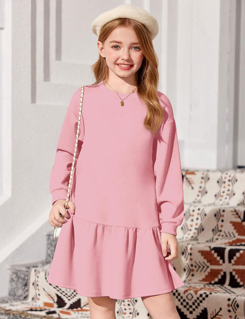 Arshiner Girls Dresses Long Sleeve Pullover Drop Shoulder Dress