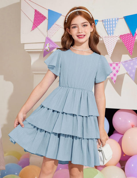 Arshiner Girls Dresses Elegant Ruffle Short Sleeve Back Tie Tiered Dresses