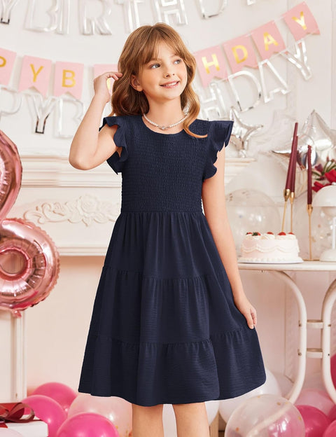 Arshiner Girls Dress Ruffle Sleeve Smocked Tiered Sundress