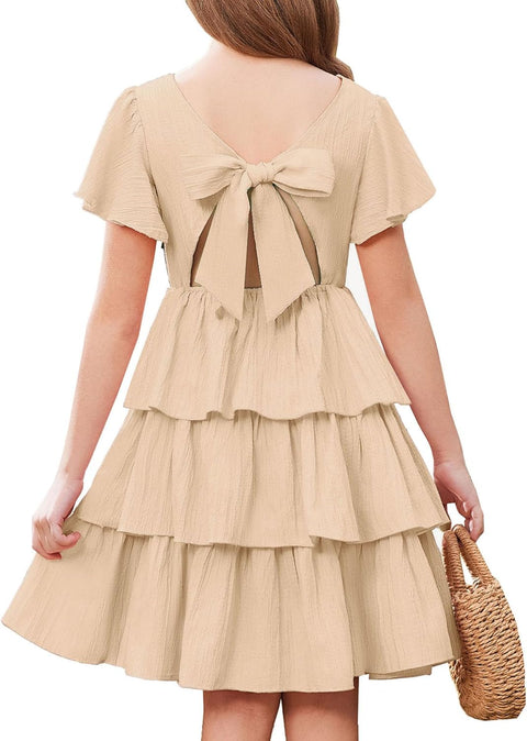 Arshiner Girls Dresses Elegant Ruffle Short Sleeve Back Tie Tiered Dresses
