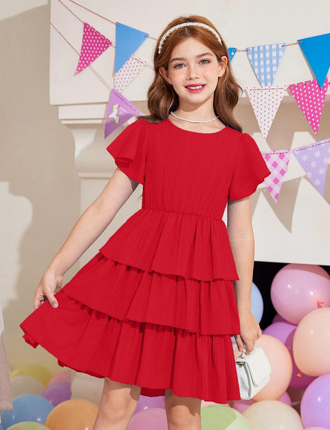 Arshiner Girls Dresses Elegant Ruffle Short Sleeve Back Tie Tiered Dresses