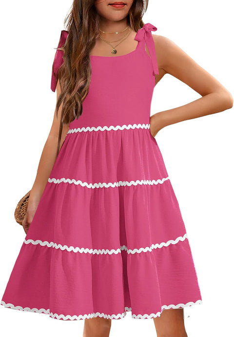 Arshiner Girl's Sundresses Boho Tie Shoulder Cami Midi Tiered Dresses