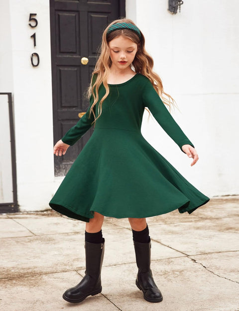 Arshiner Girls Long Sleeve Stretchy Dress A line Twirly Skater School Party Dress