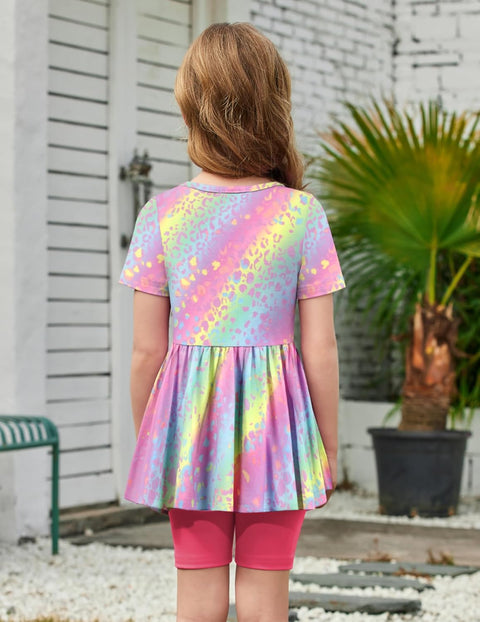Arshiner Girls Summer Outfits Short Sleeve Ruffle Hem Top and Biker Shorts Set Girl Clothes 6-14 Years