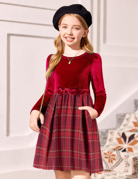 Arshiner Girls Dresses Velvet Plaid Patchwork Party Dress