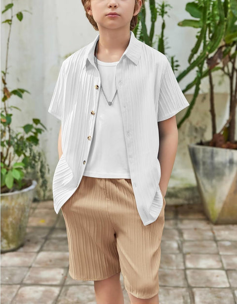 [5Y-12Y] Arshiner Boy's Textured Button Up Shirt and Shorts Set