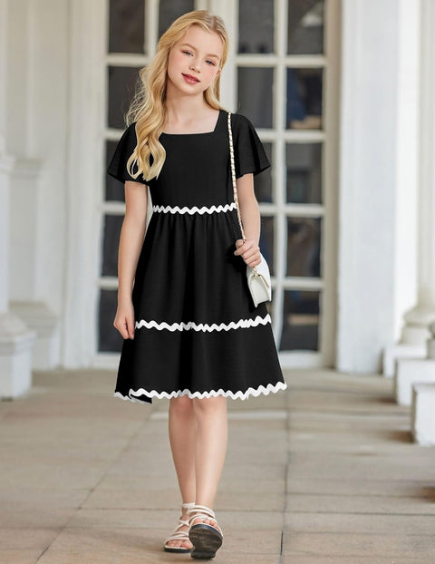 Arshiner Girls Dress Flutter RIC Rac Tiered Short Sleeve Dresses with Pockets