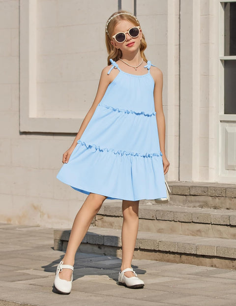 Arshiner Girl Dresses Boho A-Line Swing Flowy Ruffle Tiered Sundress with Pockets