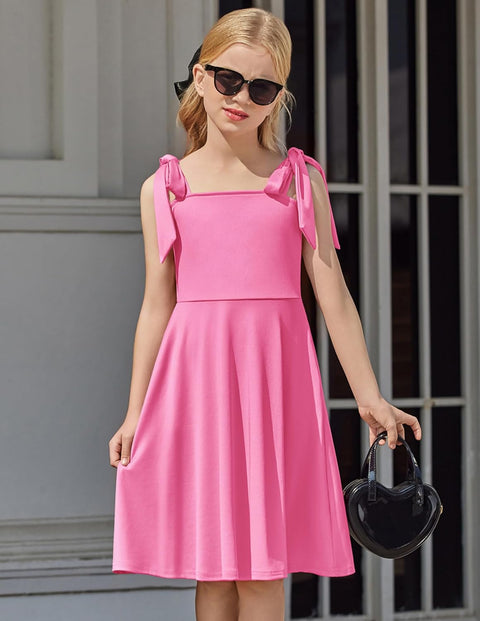 [6Y-11Y] Arshiner Girls Dress Tie Strap Solid Color Party Dresses