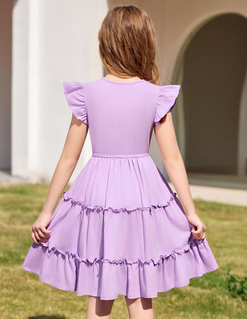 Arshiner Girl's Dress Ruffle Sleeve Tiered Dresses with Pockets 5-12 Years