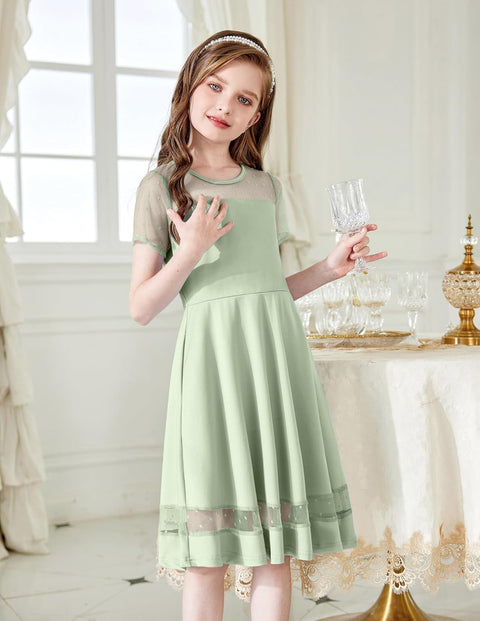 Arshiner Tween Girls Dress Formal Contrast Mesh Short Sleeve A Line Party Dresses