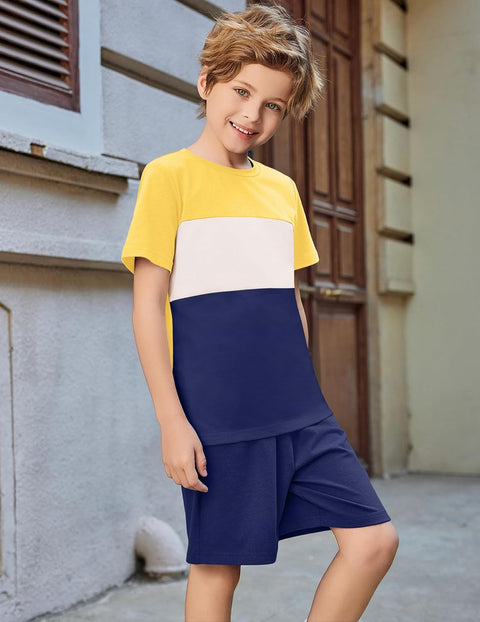 Arshiner Boys' 2-Piece Cotton Outfit Color Block T-Shirt and Shorts Set