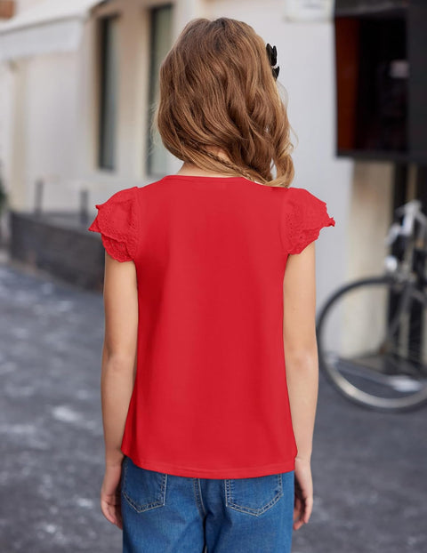 Arshiner Girls Shirts Short Sleeve Square Neck Lace Pleated Tops Blouse Tunic
