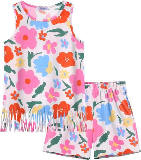 Arshiner Girls Summer Outfits Sleeveless Fringe Tank Top and Elastic Waist Pocketed Shorts Set Girl Clothes 6-14 Years