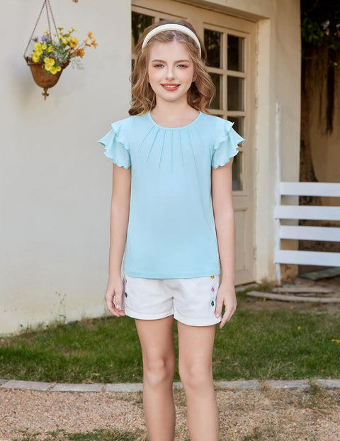 Arshiner Girls T Shirts Ruffle Short Sleeve Pleated Casual Tops