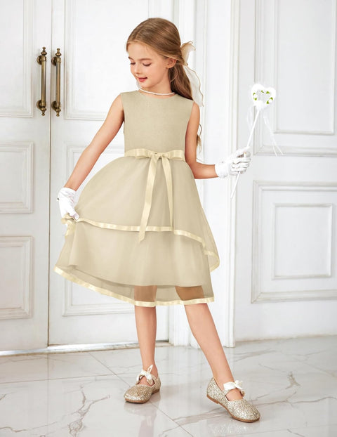 Arshiner Girls Dress Formal Party Fluffy Tulle Sleeveless Belted Dresses 3-11Y