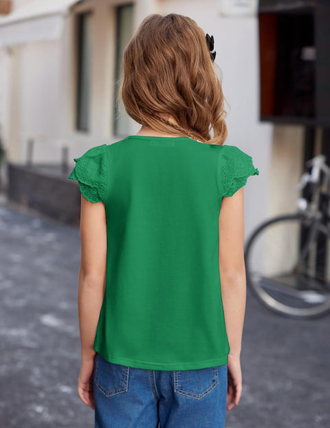 Arshiner Girls Shirts Short Sleeve Square Neck Lace Pleated Tops Blouse Tunic
