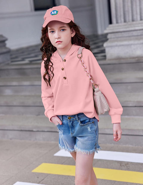 Arshiner Girls Button Collar Kids Hooded Sweatshirt