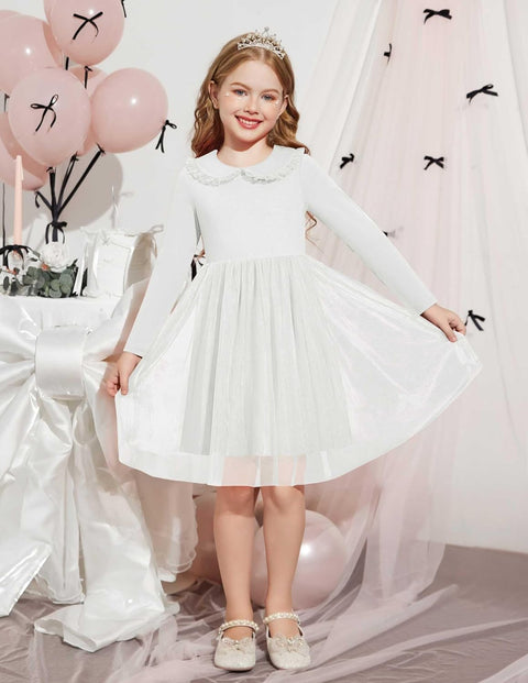 Arshiner Tutu Dress Girls Long Sleeve Peter Pan Collar Party Dresses