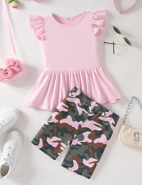 Arshiner Girls 2 Piece Outfit Ruffle Sleeve Peplum Top And Biker Shorts Set