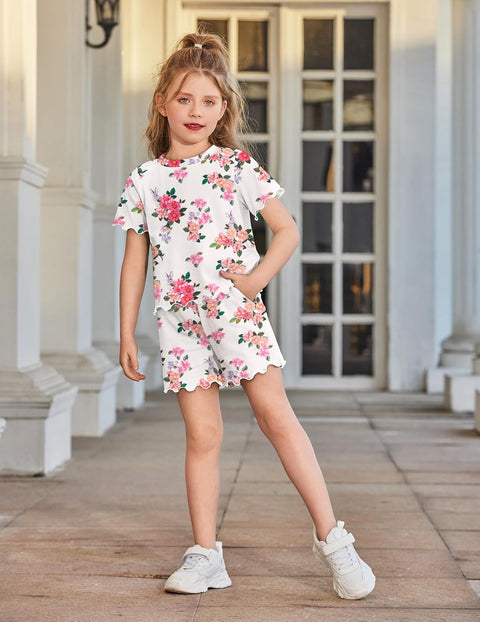 Arshiner Toddler Girls Clothes Ruffle Short Sleeves Crewneck Tops and Shorts with Pockets Cute Summer 2 Pieces Short Sets