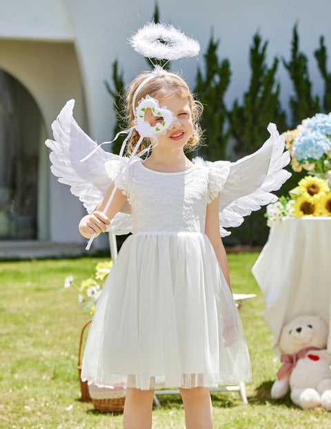 【2-8Y】Arshiner Toddler Lace Tutu Dresses Ruffle Sleeve 3 Layers Tulle Flower Dress