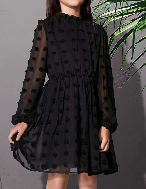 Arshiner Girls Dress Long Sleeve Swiss Dot Ruffle Collar Flowy A-Line Party Dress for Kids 5-13Y