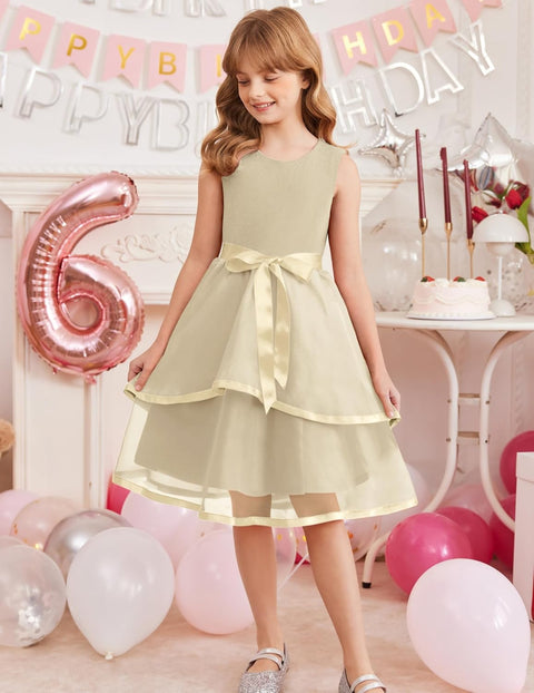 Arshiner Girls Dress Formal Party Fluffy Tulle Sleeveless Belted Dresses 3-11Y